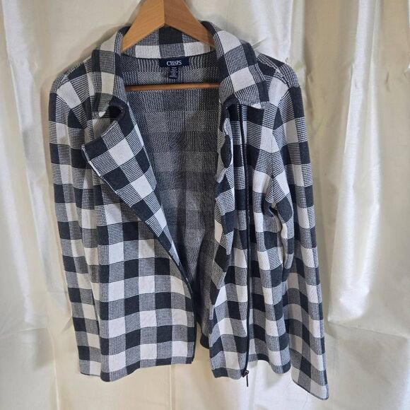 Chaps Zip Up sweater black and white checked flannel pattern women's large - Picture 5 of 9